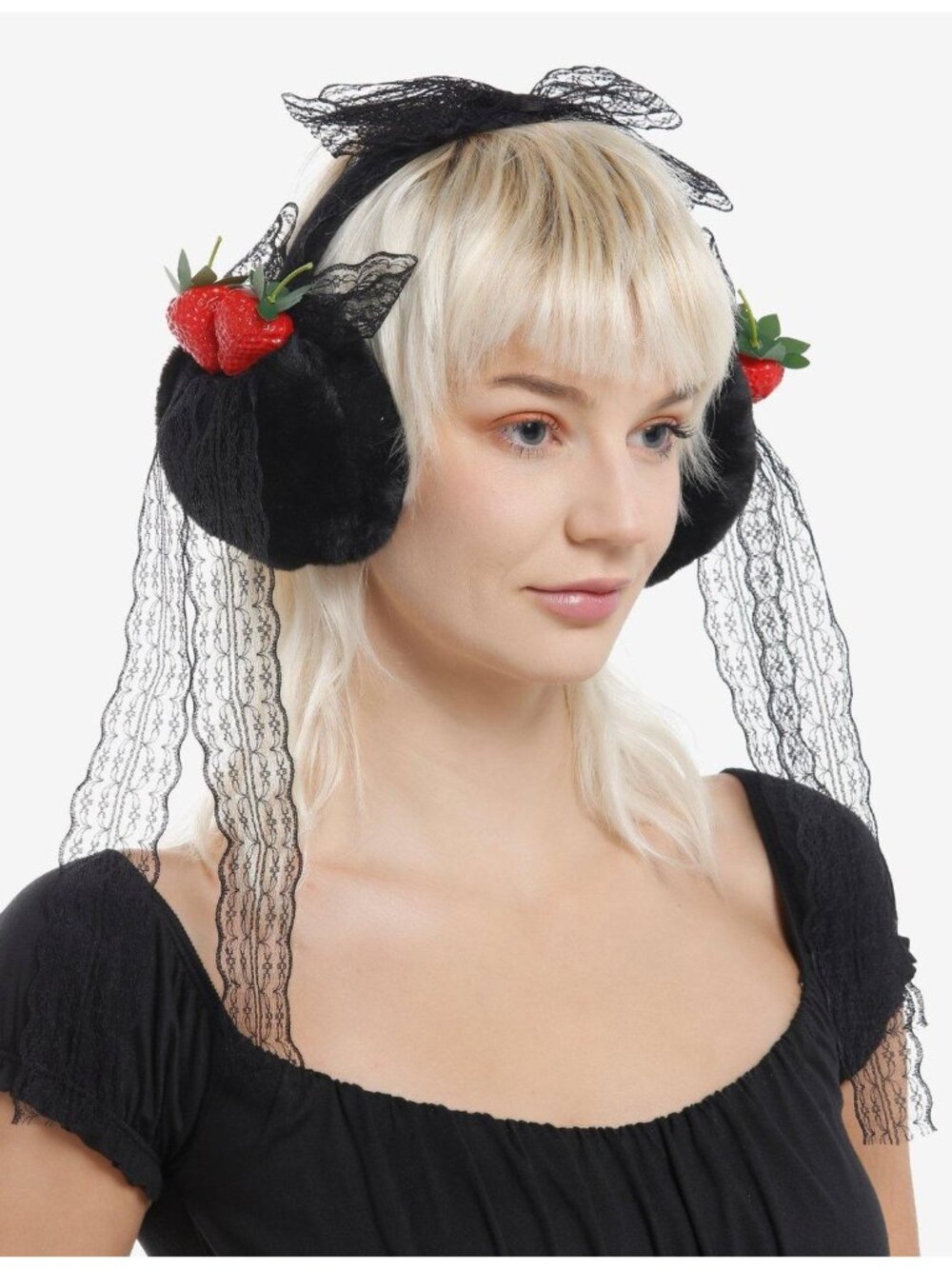 STRAWBERRIES Black Lace Bow Winter Earmuffs NEW NWT